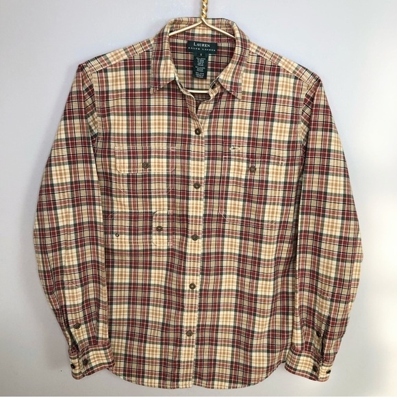 Lauren by Ralph Lauren Granola Girl Brown Tan Plaid Button Down Shirt M - Picture 1 of 10